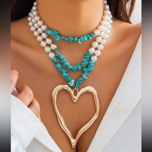 Free People Turquoise and Pearl Necklace with Gold Heart Pendant